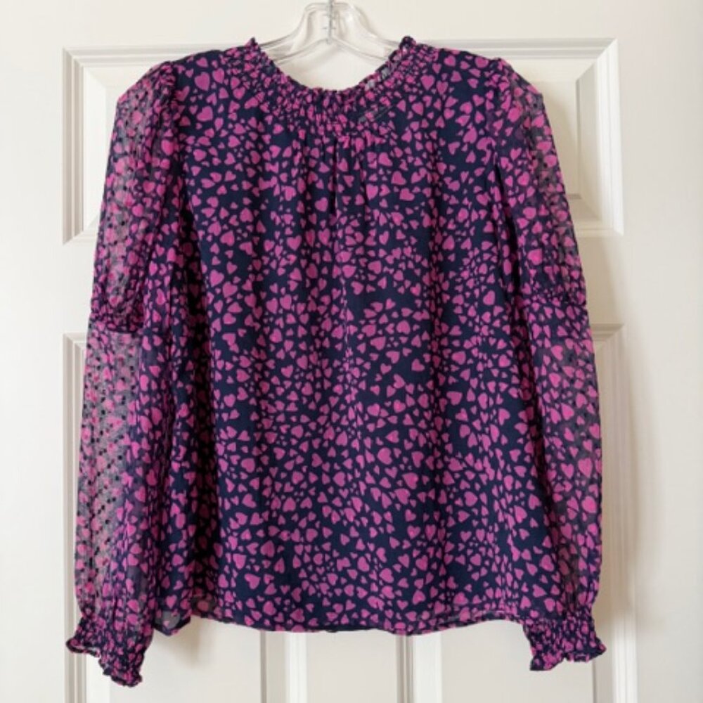 LOFT Pink and Navy Heart Long Sleeved Blouse Size Small Petite